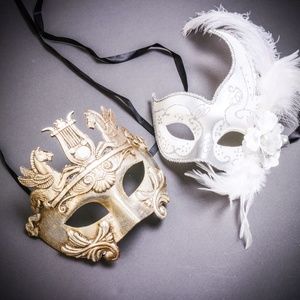 Venetian Warrior Pegasus & White Side Feather Mask Couple's Masquerade Party
